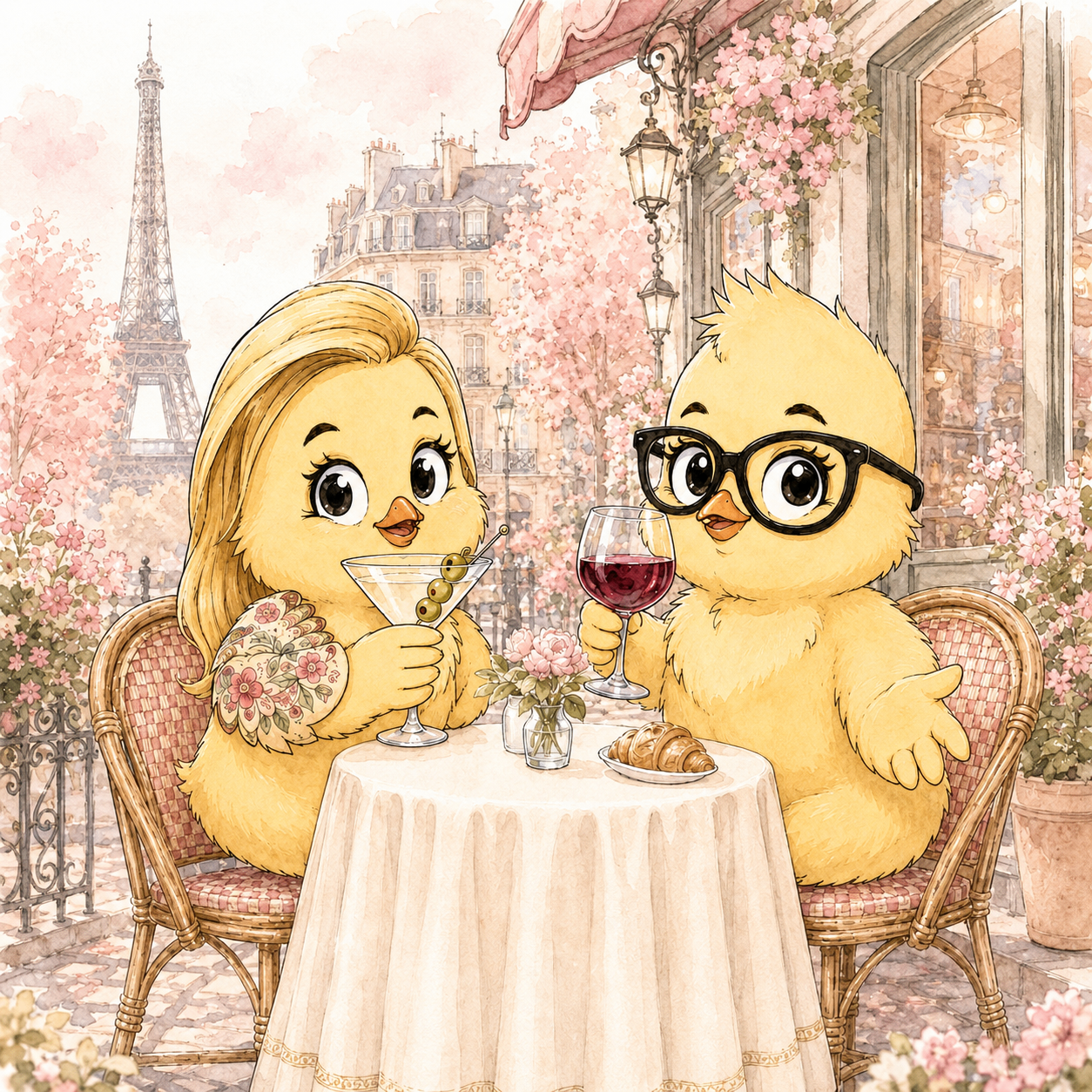 Two cheerful chick friends enjoying drinks at a Parisian café with the Eiffel Tower behind them