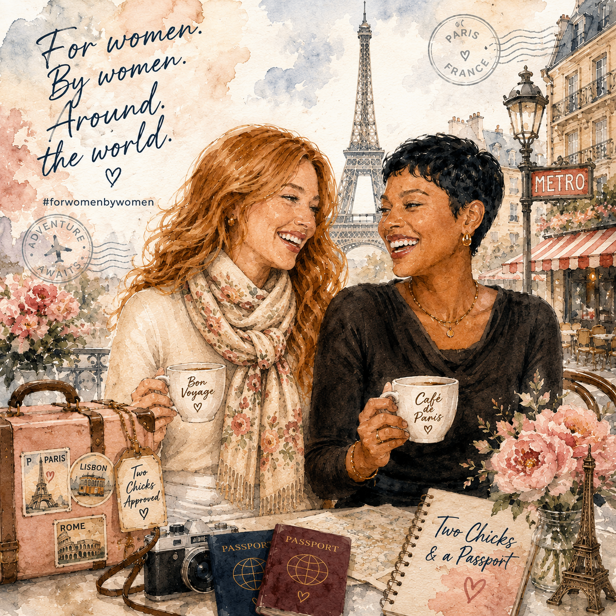 Two women travelers — one white woman with long strawberry blonde hair and one Black woman with a short pixie cut — laughing together over coffee at a Parisian café with the Eiffel Tower behind them